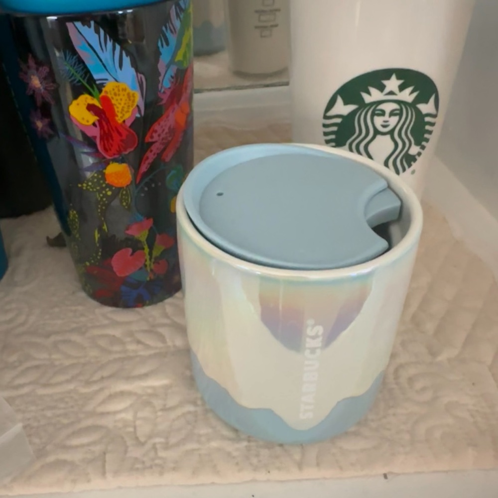 Starbucks Floral & logo &Light Blue Iridescent Mug NEW glass hot